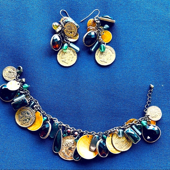 Coin Charm Bracelet, Pendant and Earrings Mixed Media, Jewels, Rhinestones - Picture 8 of 16